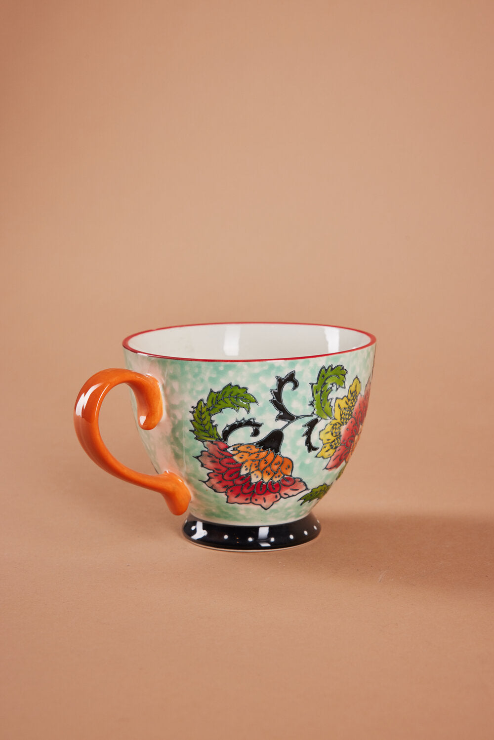 Håndmalet krus med blomster, orange - H9 cm.