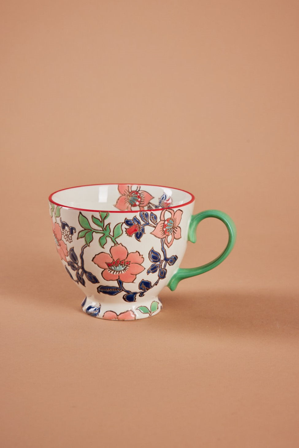 Håndmalet krus med blomster, grøn - H9 cm.