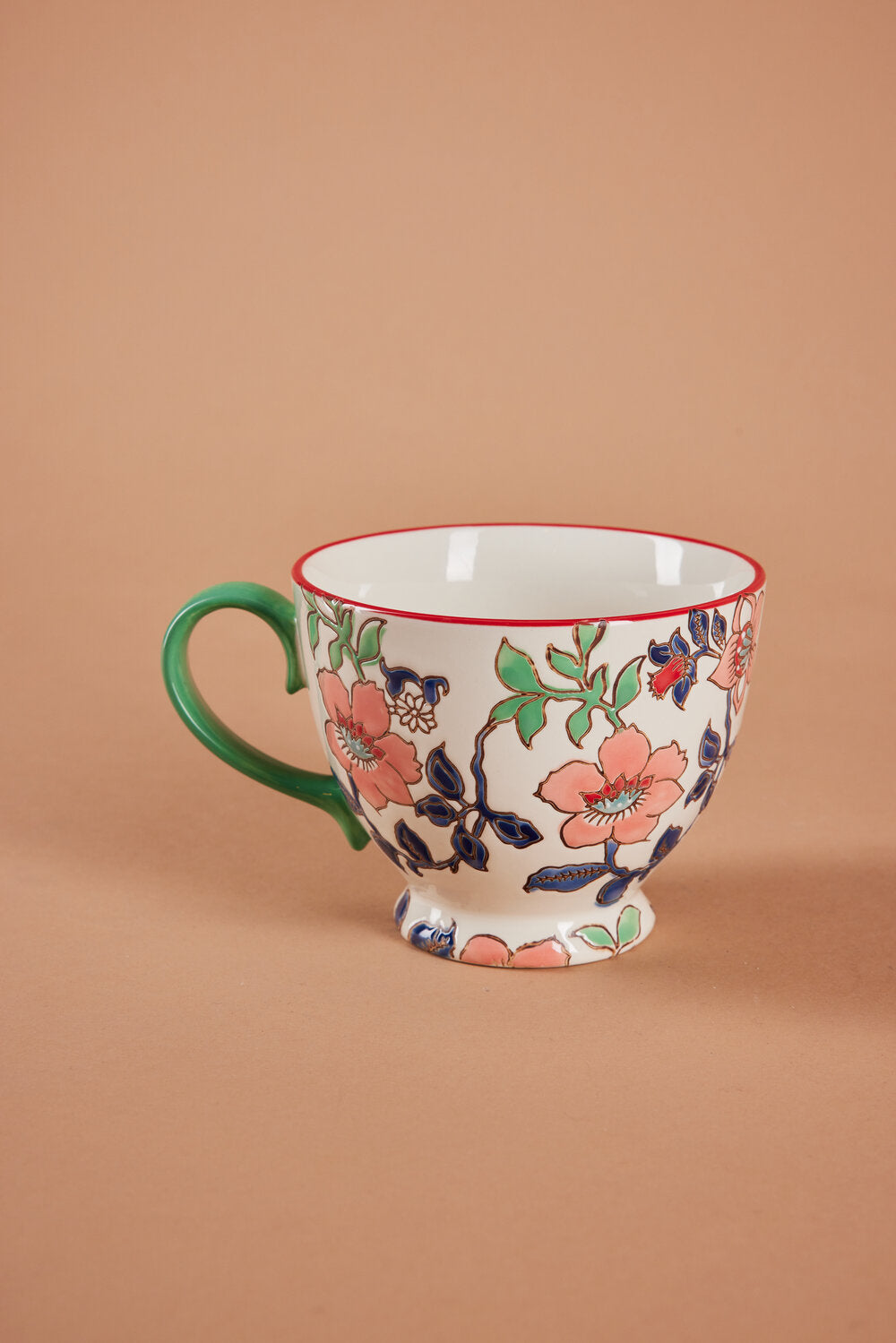 Håndmalet krus med blomster, grøn - H9 cm.