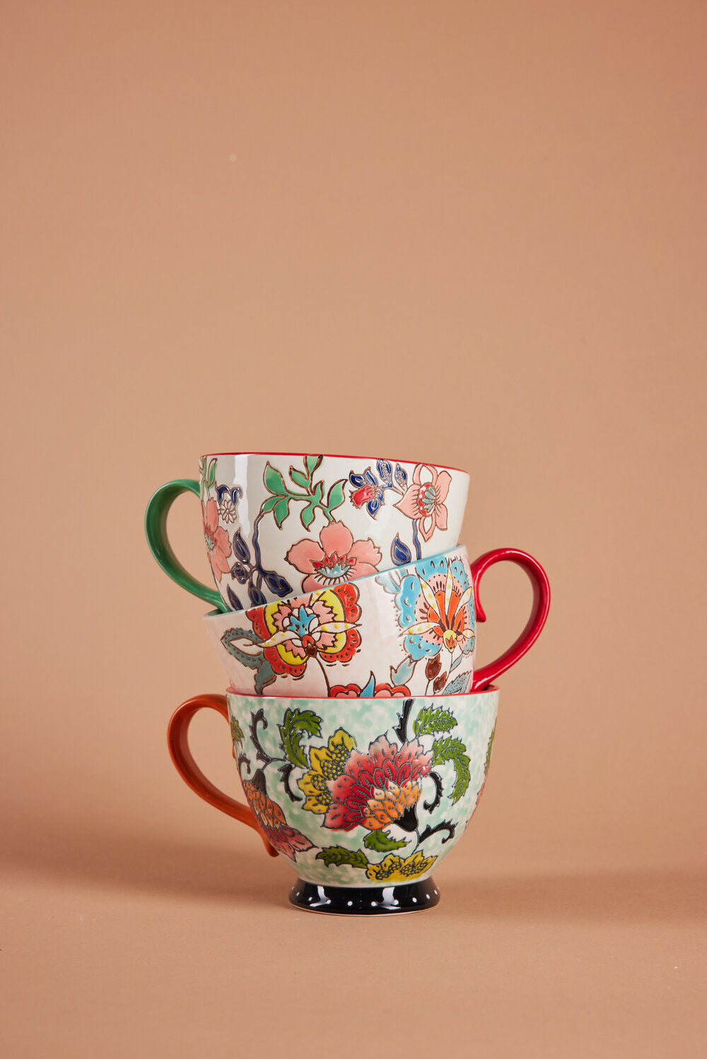 Håndmalet krus med blomster, grøn - H9 cm.